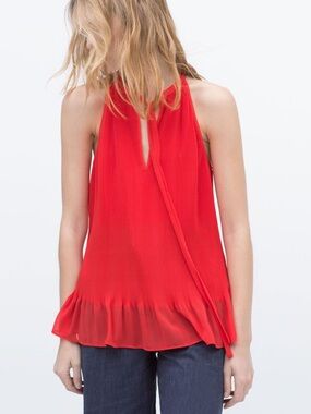 Zara Red Pleated Halter Ruffle Blouse